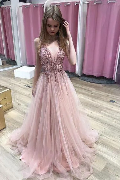 A Line Pink V Neck Tulle Sequin Beads Long Prom Dress Cheap Graduation Dresses WK850