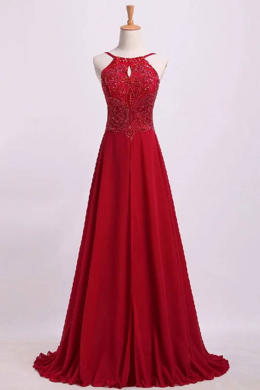2024 Prom Dresses Spaghetti Straps Beaded Bodice A-Line Chiffon