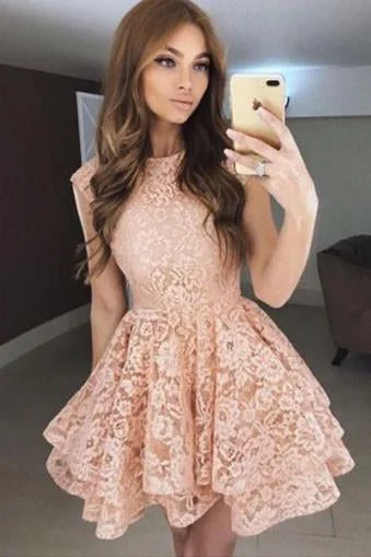 A Line Above Knee Straps Lace Homecoming Dresses with Scoop Short Prom Dresses WK838