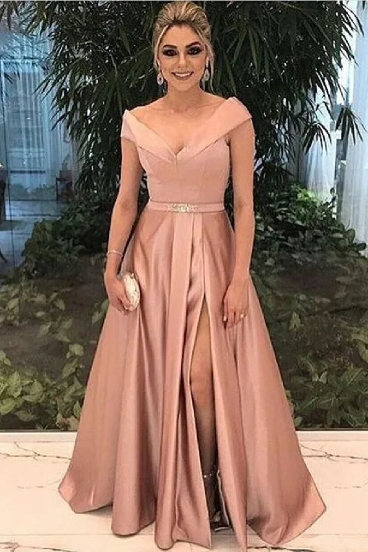 2024 A Line New Arrival Off The Shoulder Satin Evening Dresses With Slit Zipper Back