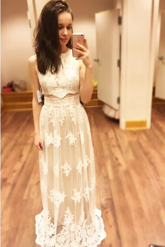 White lace round neck long prom dress，elegant dress for teens