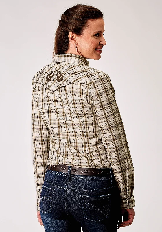 WOMENS LONG SLEEVE SNAP DESERT PLAID WESTERN SHIRT WITH EMBROIDERY ON BACK YOKES SMILE POCKETS Chenille Fabric Brocade Fabric Lace Fabric