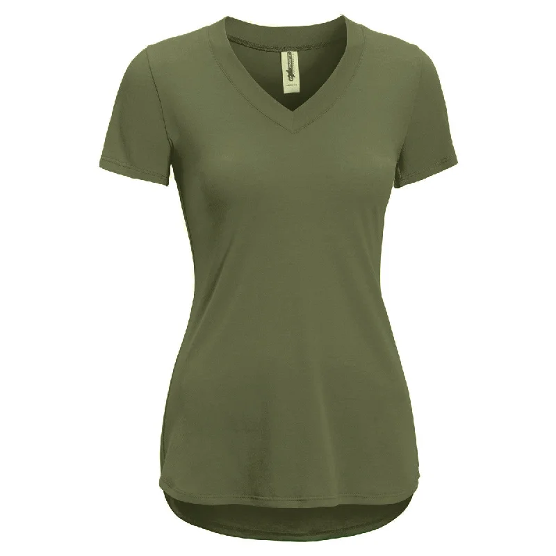 Expert Women's Military Green TriTec Deep V-Neck Tee Modern Contemporary Chic