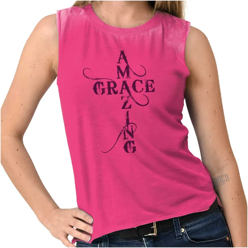 Amazing Grace Script Junior Muscle T-shirt Nylon Fabric Polyester Fabric Spandex Fabric