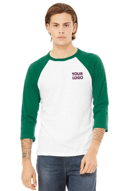 Bella Canvas Unisex 3/4-Sleeve Baseball T-Shirt, White/ Kelly Notch Collar Peter Pan Collar Cowl Neck