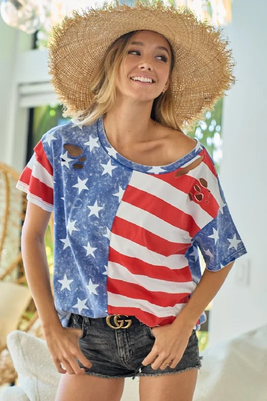 BiBi American Flag Theme Short Sleeve T-Shirt Fleece Nylon Spandex