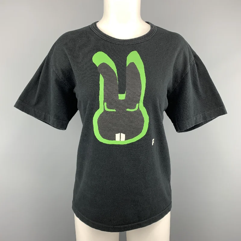 COMME des GARCONS BLACK Size XL Black & Green Bunny Graphic Crewneck T-shirt Welt Pockets Slit Pockets Flap Pockets