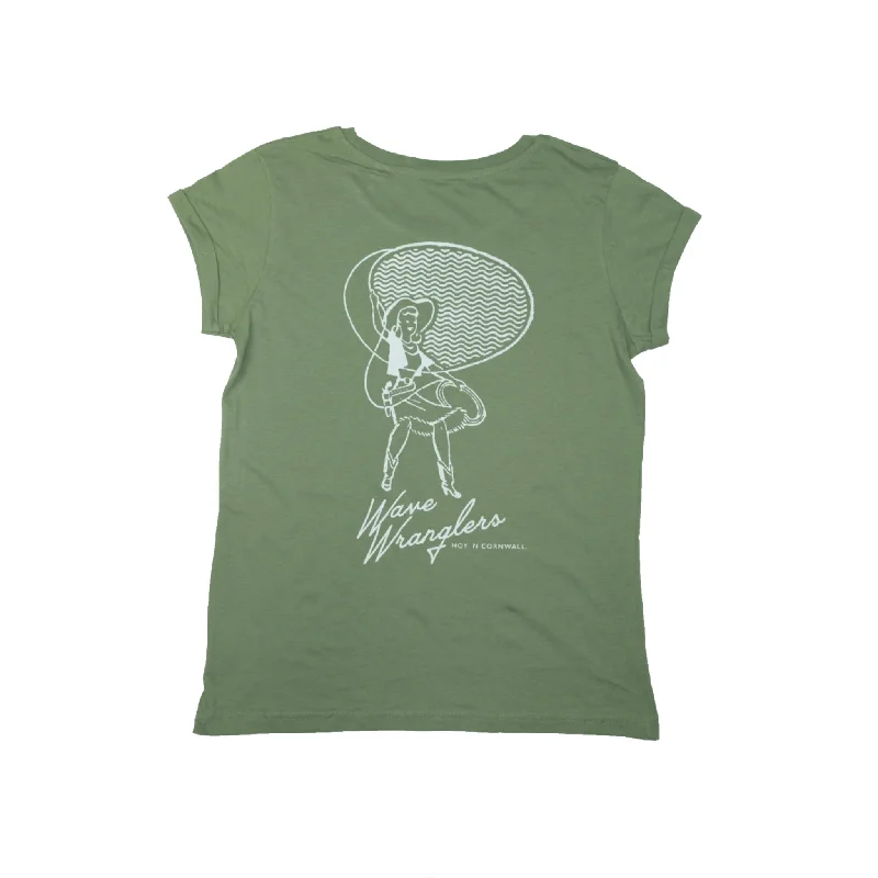 Women's Wave Wranglers Organic T-shirt - Soft Green - Last Size Welt Pockets Slit Pockets Flap Pockets