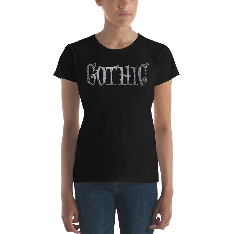 Gothic Spider Web Style Letters Dark Goth Women's Short Sleeve Babydoll T-shirt Denim Fabric Leather Fabric Suede Fabric Gothic Spider Web Style Letters Dark Goth Women's Short Sleeve Babydoll T-shirt Denim Fabric Leather Fabric Suede Fabric