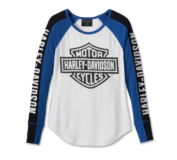 Harley-Davidson® Women's Bar & Shield Raglan Long Sleeve Tee - Colorblocked - Bright White Cozy Warm Stylish Harley-Davidson® Women's Bar & Shield Raglan Long Sleeve Tee - Colorblocked - Bright White Cozy Warm Stylish