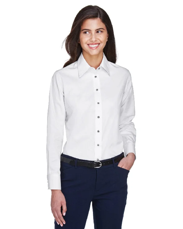 Harriton Ladies Long Sleeve Stain-Release Twill Shirt | White Anti-Pilling Machine Wash Handmade