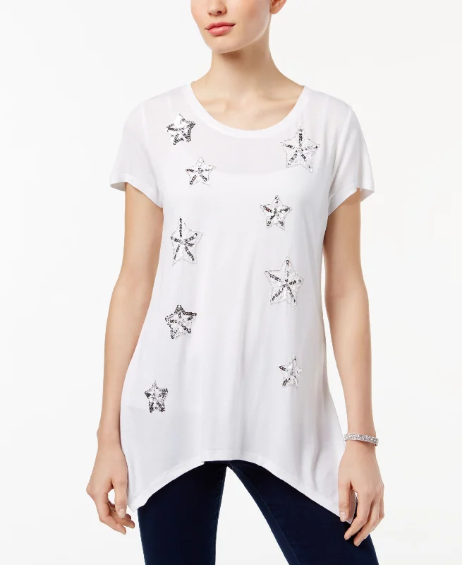 INC International Concepts Embellished T-Shirt Notch Collar Peter Pan Collar Cowl Neck