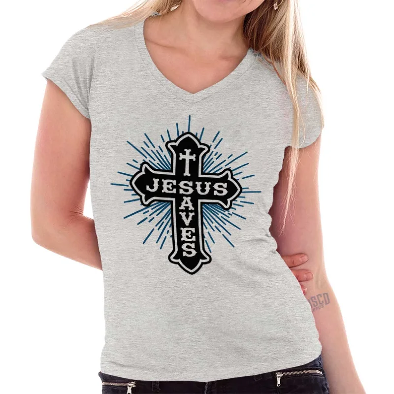 Jesus Saves Junior Fit V-Neck T-Shirt Notch Collar Peter Pan Collar Cowl Neck