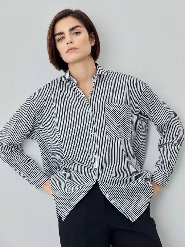 Loose Fit Striped Cotton Shirt with Pocket Print Jacquard Patchwork