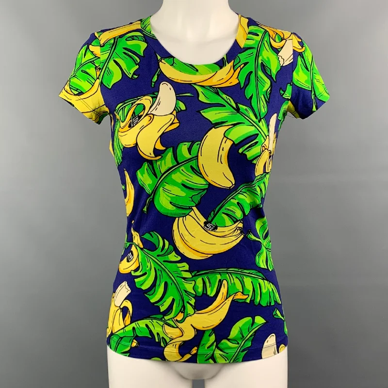 LOVE MOSCHINO Size 4 Yellow & Purple Banana Leaf Print Cotton T-Shirt Zippered Buttoned Snapped LOVE MOSCHINO Size 4 Yellow & Purple Banana Leaf Print Cotton T-Shirt Zippered Buttoned Snapped