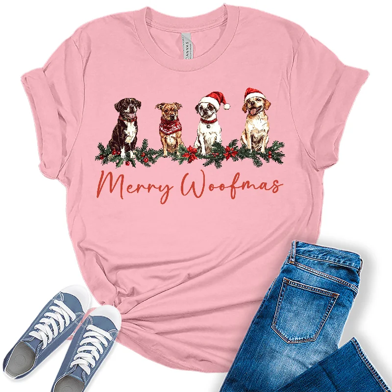 Merry Woofmas Cute Christmas Dog Shirt Festive Holiday Graphic Tees Fleece Fabric Down Fabric Feather Fabric