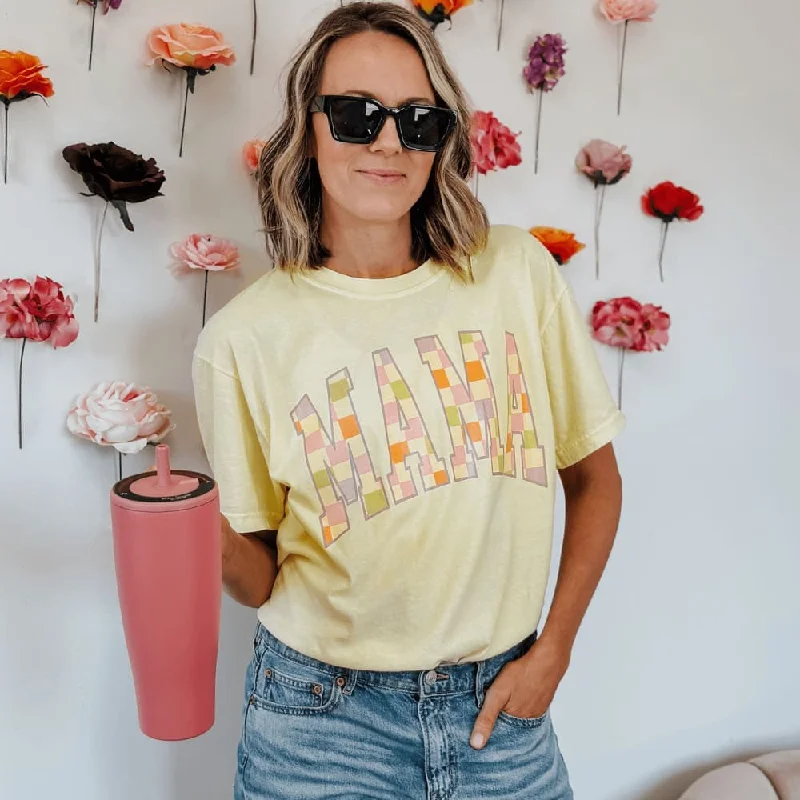 Pastel Mama Checkerboard Tee Basic T-Shirt Crew Neck Short Sleeve