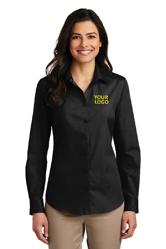 Port Authority Ladies Carefree Poplin Customized Shirts, Deep Black Welt Pockets Slit Pockets Port Authority Ladies Carefree Poplin Customized Shirts, Deep Black Welt Pockets Slit Pockets
