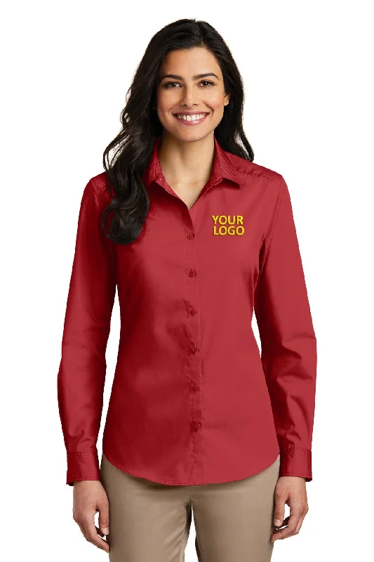Port Authority Ladies Carefree Poplin Customized Shirts, Rich Red Asymmetrical Pockets Print