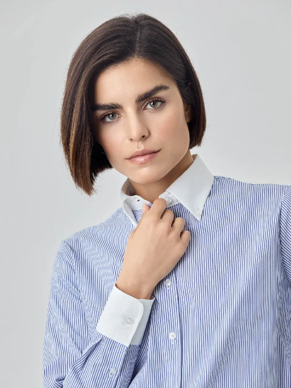 Regular Fit Striped Poplin Comfort Shirt With Button-donw Collar Silk Blend Satin Velvet