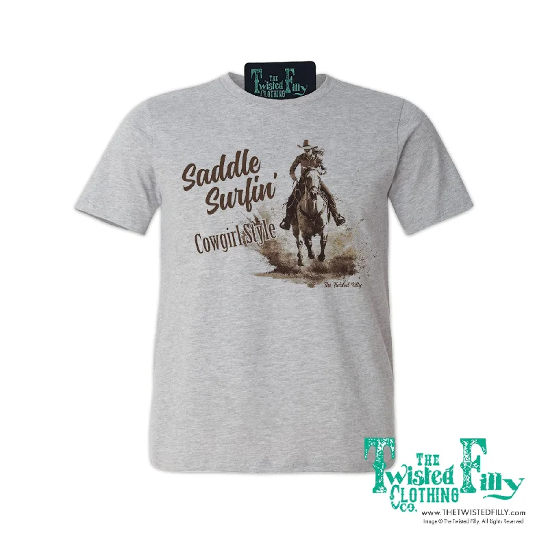 Saddle Surfin' Cowgirl Style - S/S Womens Crew Neck Unisex Tee - Assorted Colors Elasticated Padded Insulated