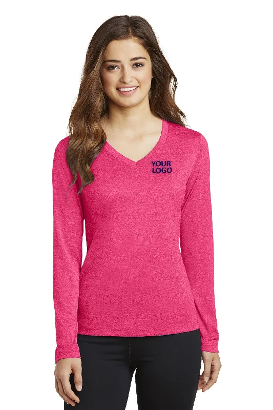 Sport-Tek Ladies Long Sleeve Branded Heather Contender V-Neck Tee's, Pink Raspberry Heather Mesh Blend Leather Blend Suede Blend