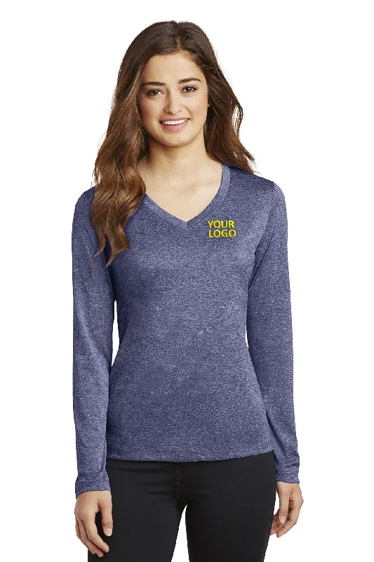 Sport-Tek Ladies Long Sleeve Branded Heather Contender V-Neck Tee's, True Navy Heather Iron Safe Non-Iron Wrinkle Free