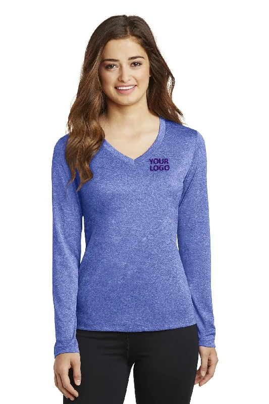 Sport-Tek Ladies Long Sleeve Branded Heather Contender V-Neck Tee's, True Royal Heather Lace Blend Ribbed Blend Corduroy Blend