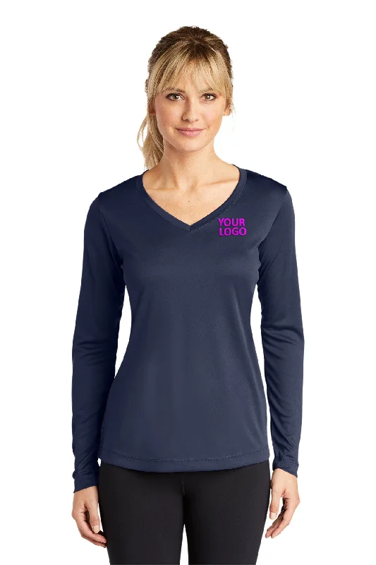 Sport-Tek Ladies Long Sleeve PosiCharge Competitor Branded V-Neck Tee's, True Navy Mesh Fabric Canvas Fabric Denim Fabric