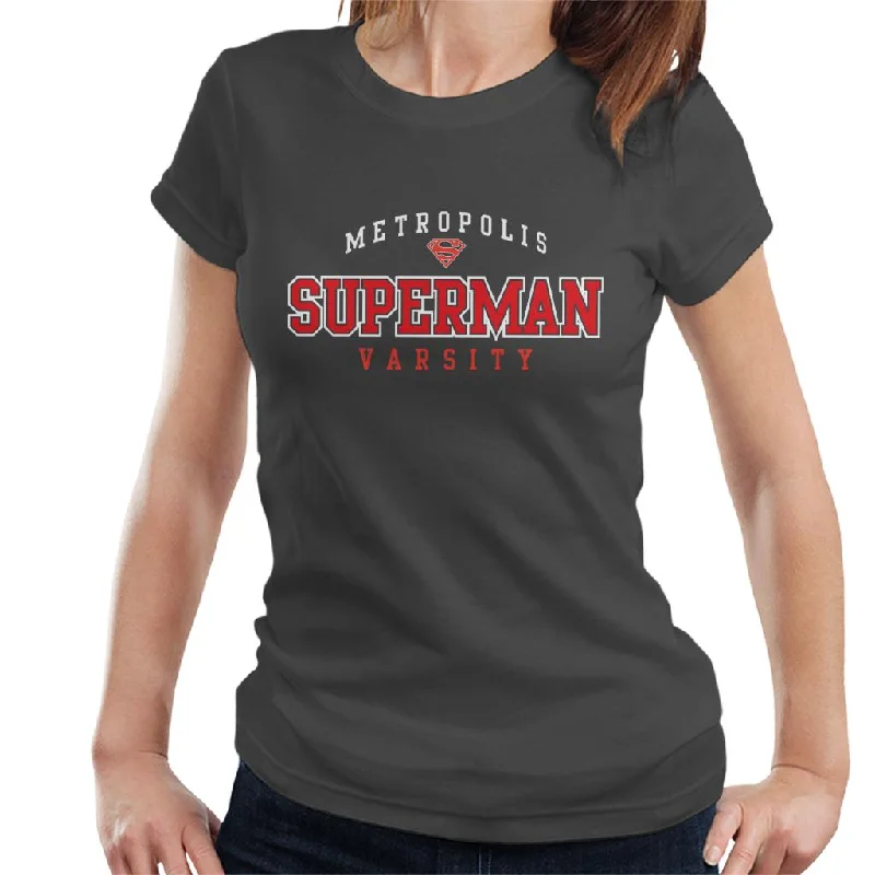 Superman Metropolis Varsity Logo Women's T-Shirt Front Pockets Side Pockets Patch Pockets Superman Metropolis Varsity Logo Women's T-Shirt Front Pockets Side Pockets Patch Pockets