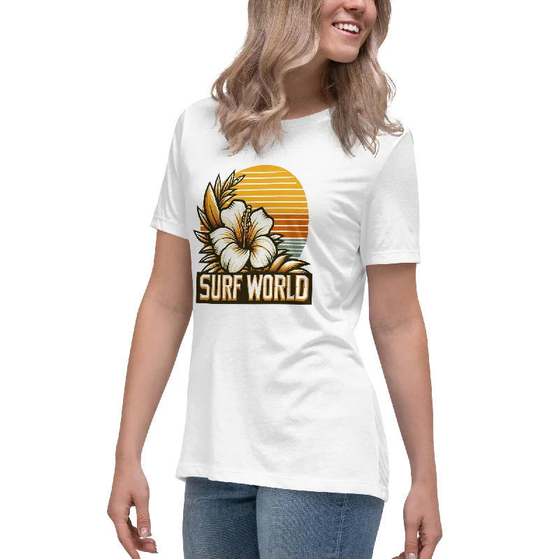 Surf World White Flower Women's Relaxed T-Shirt Welt Pockets Slit Pockets