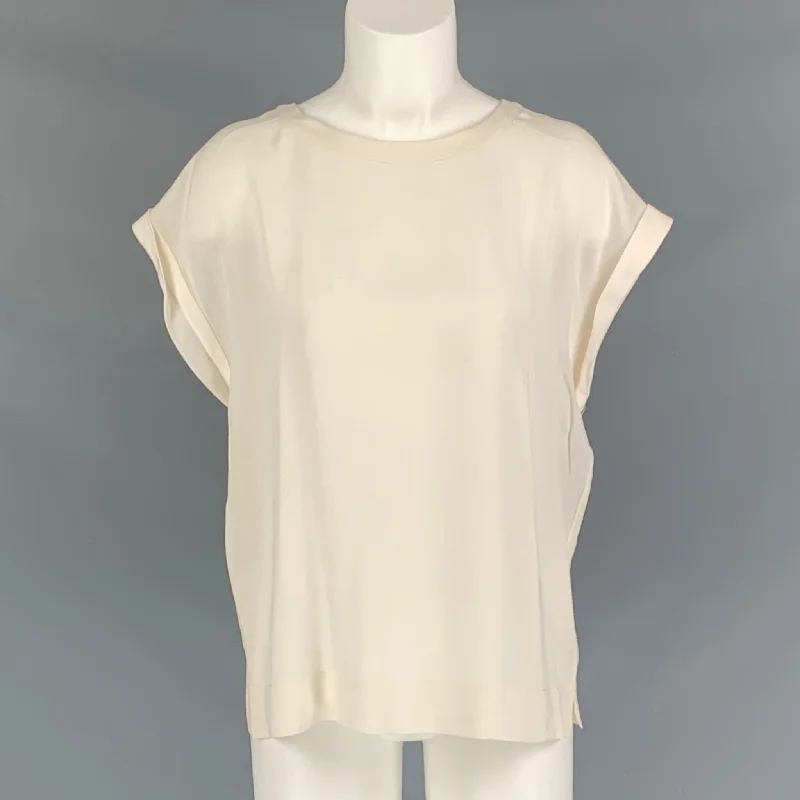 THEORY Size M Cream Silk Solid Cap Sleeves T-Shirt Machine Wash Dry Clean Hand Wash