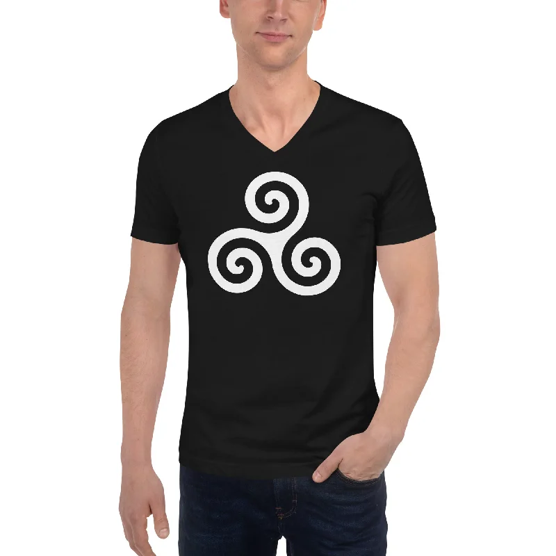 White Triskelion or Triskeles Spiral Archimedean Symbol Short Sleeve V-Neck T-Shirt Real Fur Shearling Chenille