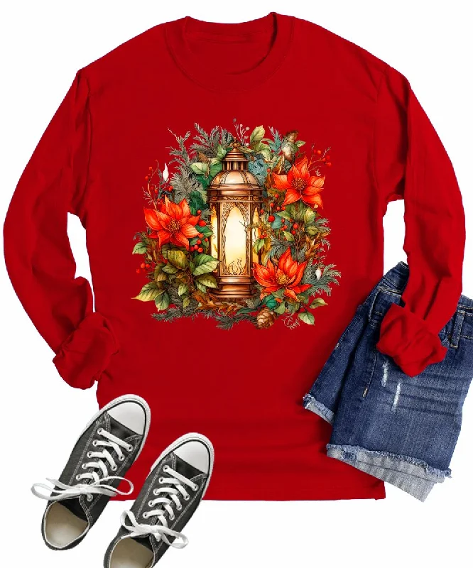 Winter Christmas Floral Lantern Women's Graphic Long Sleeve T-Shirt Iron Safe Non-Iron Wrinkle Free