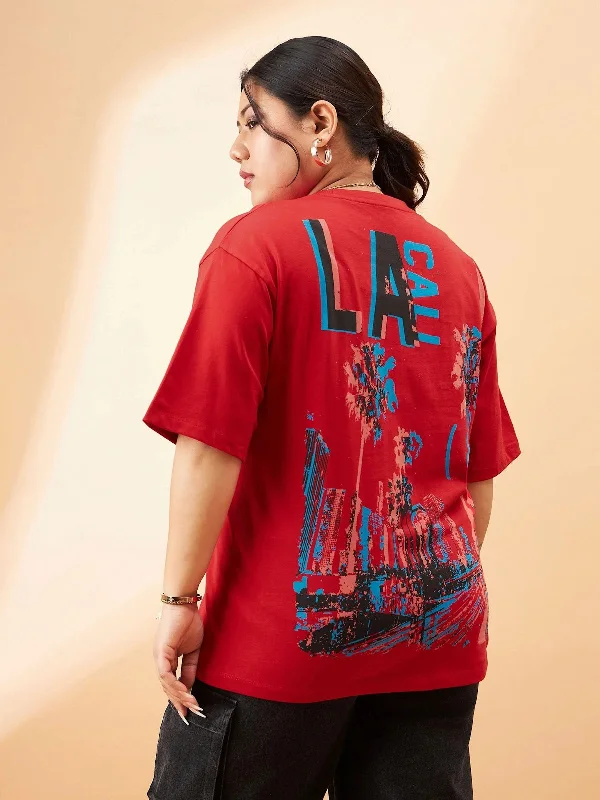 Women Red Graphic LA Print T-Shirt Ribbed T-Shirt High Neck Heavyweight