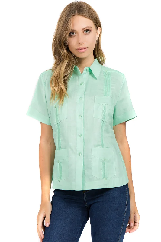 Women's Traditional Guayabera Shirt Premium 100% Linen Short Sleeve XS-3X Sequined Glittery Shiny Women's Traditional Guayabera Shirt Premium 100% Linen Short Sleeve XS-3X Sequined Glittery Shiny