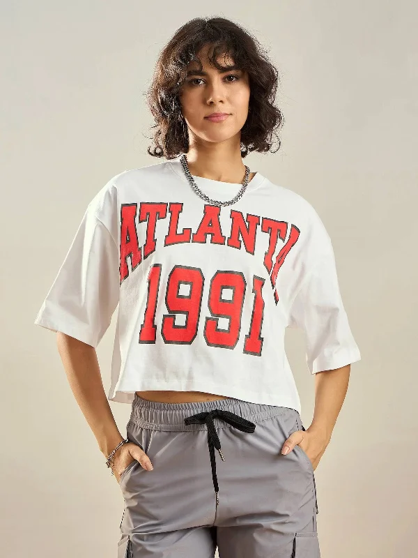 Women White ATLANTA Printed Crop T-shirt Notch Collar Peter Pan Collar Cowl Neck