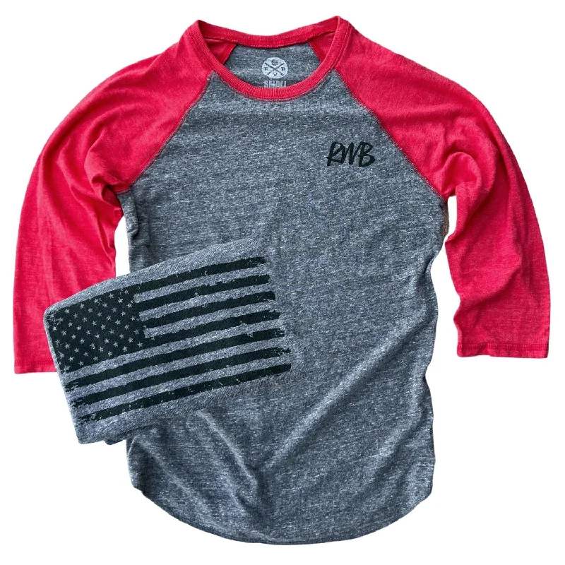 Women's American Flag Old Glory Raglan Baseball Shirt (Red / Gray) Sequined Glittery Shiny