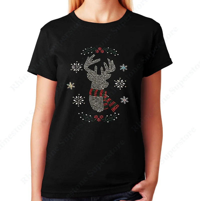 Women's / Unisex T-Shirt with Christmas Reindeer with Snowflakes in Rhinestones Chenille Blend Fleece Blend Nylon Blend