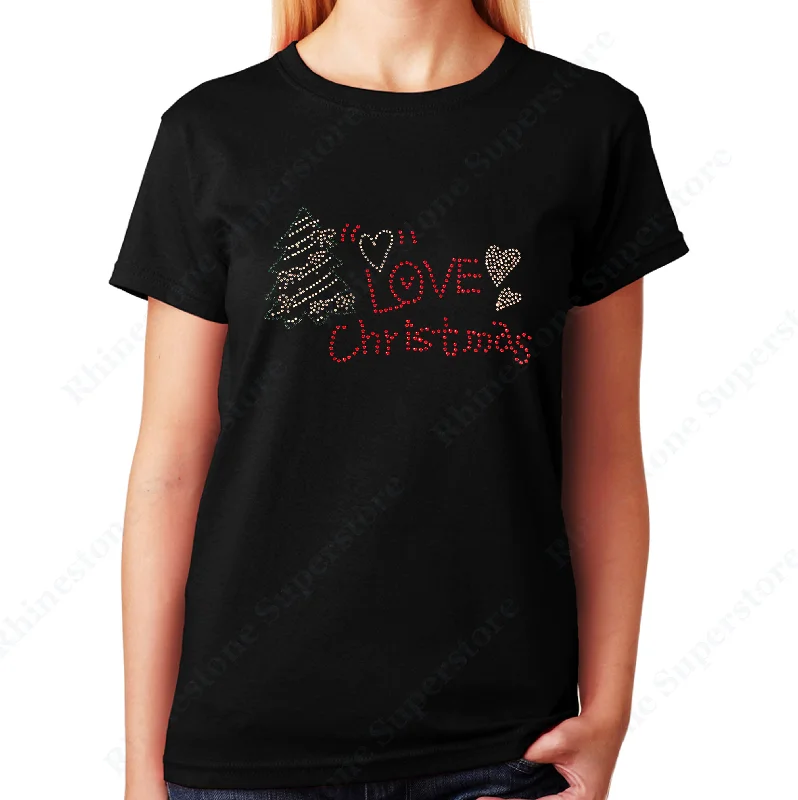 Women's / Unisex T-Shirt with Love Christmas with Tree in Rhinestones Lace Blend Ribbed Blend Corduroy Blend