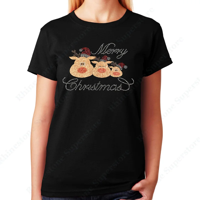 Women's / Unisex T-Shirt with Merry Christmas 3 Reindeer in Glitters and Rhinestones Rayon Fabric Velvet Fabric Corduroy Fabric