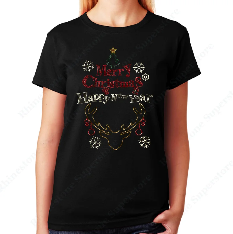 Women's / Unisex T-Shirt with Merry Christmas and Happy New Year in Rhinestones Layered Multi-layer Single Layer