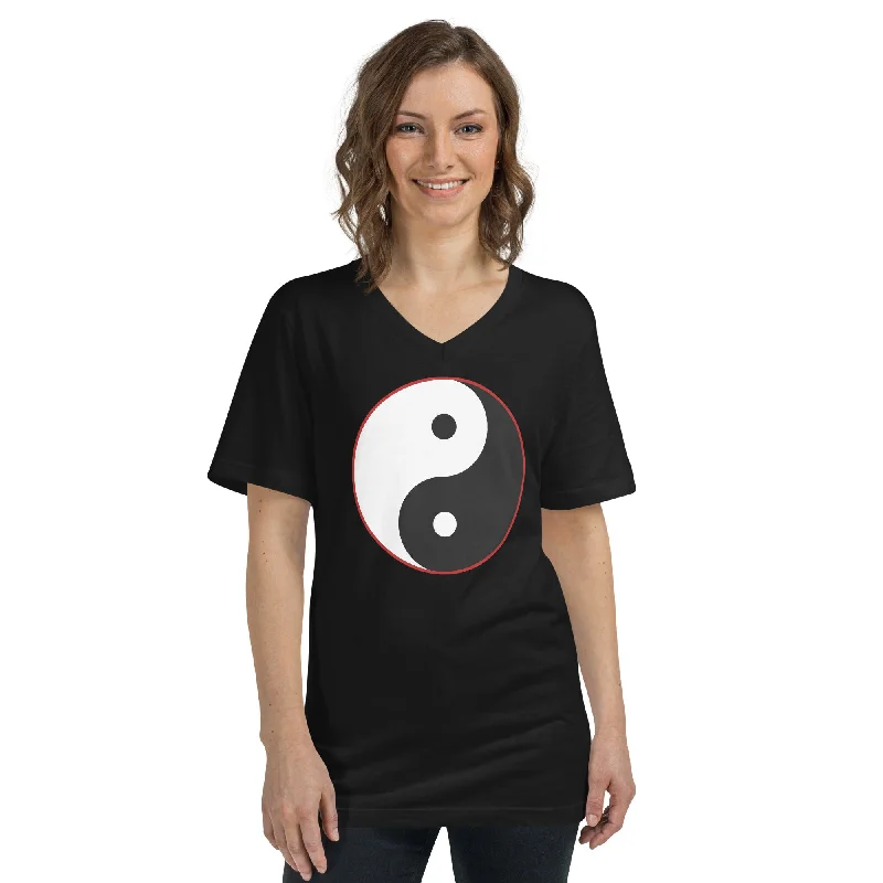 Yin and Yang Ancient Chinese Symbol Short Sleeve V-Neck T-Shirt Satin Blend Silk Blend Wool Blend