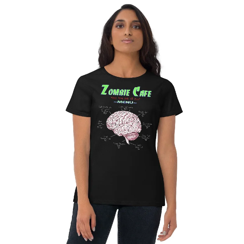 Zombie Cafe Brains Menu Horror Women's Short Sleeve Babydoll T-shirt Hooded Caped Shawl Collar Zombie Cafe Brains Menu Horror Women's Short Sleeve Babydoll T-shirt Hooded Caped Shawl Collar